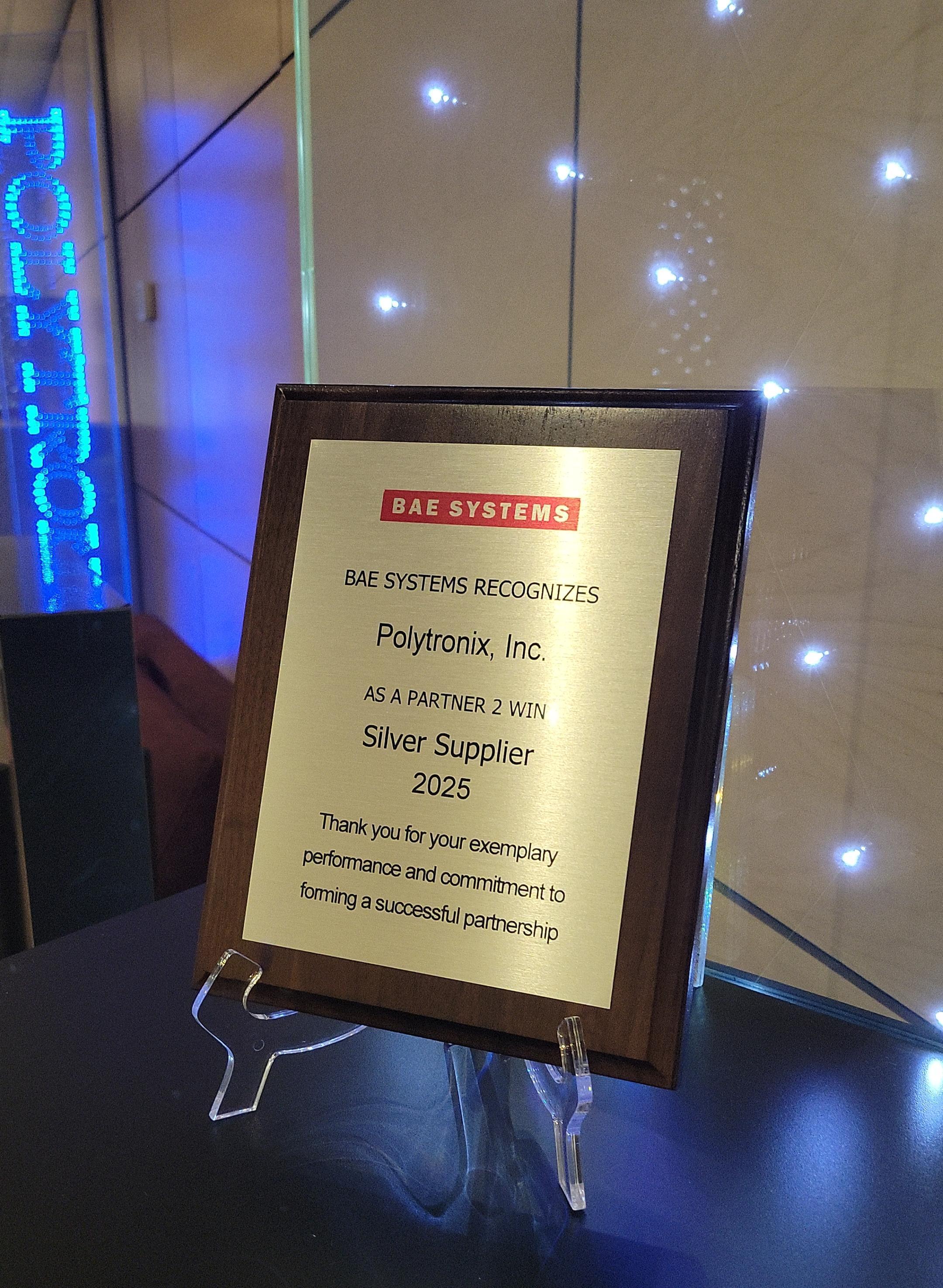 BAE Systems honors Polytronix with a Partner 2 Win Silver Tier Award.